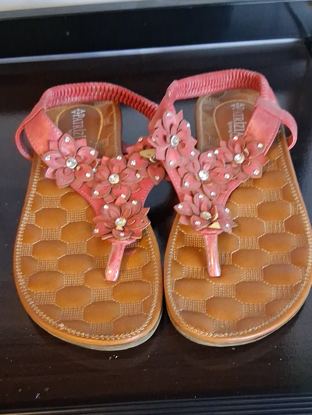 Embellished Floral T-Strap Sandals in Coral